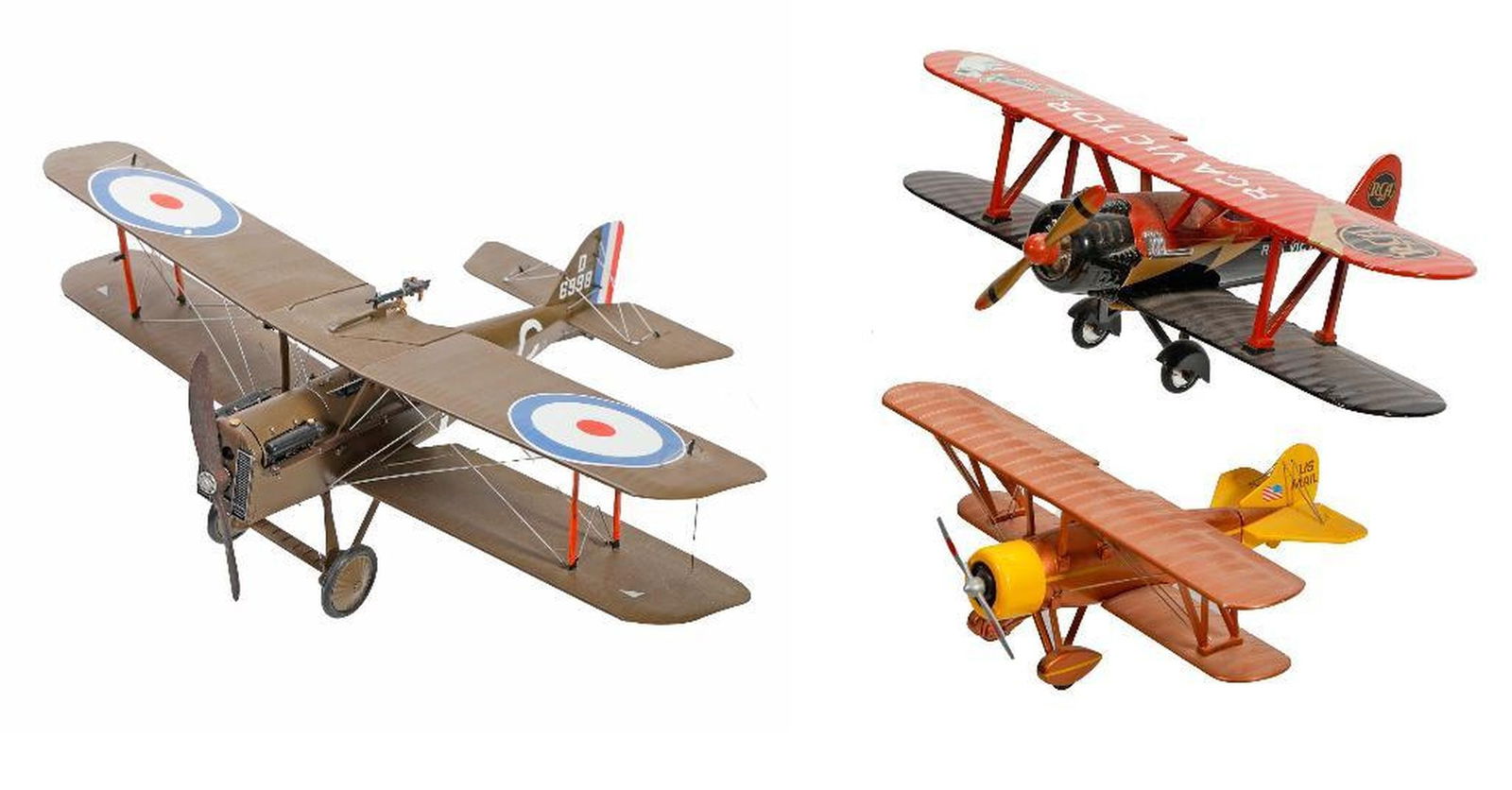 Lot of Die Cast Planes: Comprising a RCA VICTOR biplane by Gearbox, one of an edition of 5000; an US MAIL "Lady Luck" biplane by Model Power, and a Royal Aircraft Factory S.E. 5A, still packed in retail box [3 total] Provena