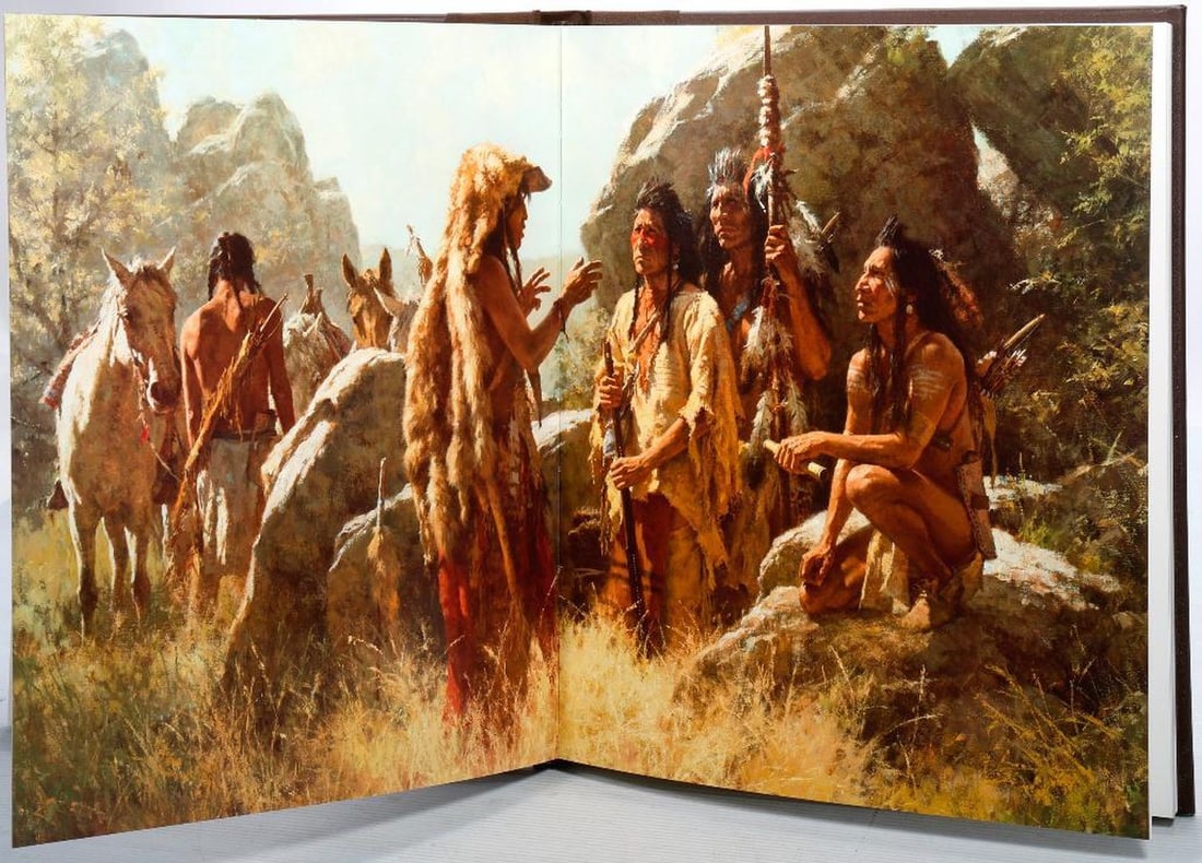 TERPNING, HOWARD, The Storyteller: Trumbull, Connecticut: The Greenwich Workshop, 1989, pencil signed edition 903/1500. Brown leather bound book with illustrations after the artist and text by Don Dedera, an outer brown cloth book case