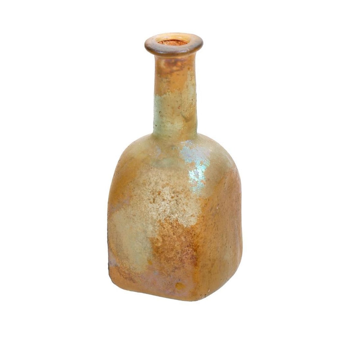 Ancient Roman Glass Vial: The small translucent bottle form vial blown with a square base, a long cylindrical neck, and a flaring rim, some patches of blue green iridescence to outer walls and some interior mineral encrustatio