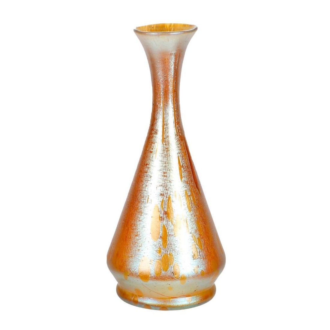 Loetz Art Glass Vase: The footed gold iridescent tapered ovoid form with a flaring rim and scattered "oil spots", unmarked, 10"h x 4"d at widest. Estate of Jon S. Emerson