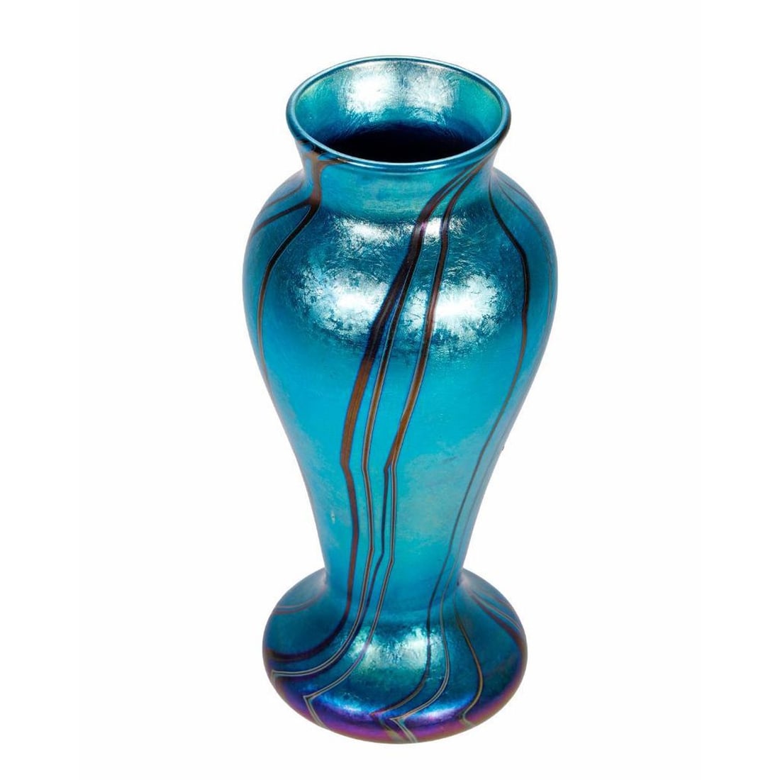 Orient & Flume Art Glass Vase: Chico, California, 1975, of baluster form in blue and green iridescent glass with pulled decoration, etched "Orient & Flume/1975 N 10" around polished pontil mark and a paper label on pontil mark, 7.5