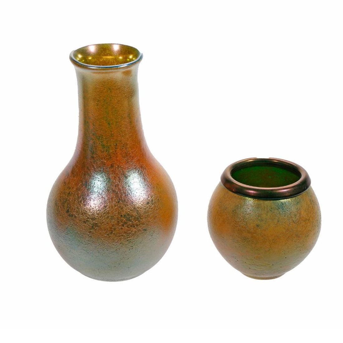 Two Orient & Flume Art Glass Vases: Both hand blown in gold textured iridescent glass, the larger etched "Orient & Flume/P0326CY4322" around a polished pontil, 7.5"h x 3.5"d at foot. The smaller of ovoid form with green interior, marked