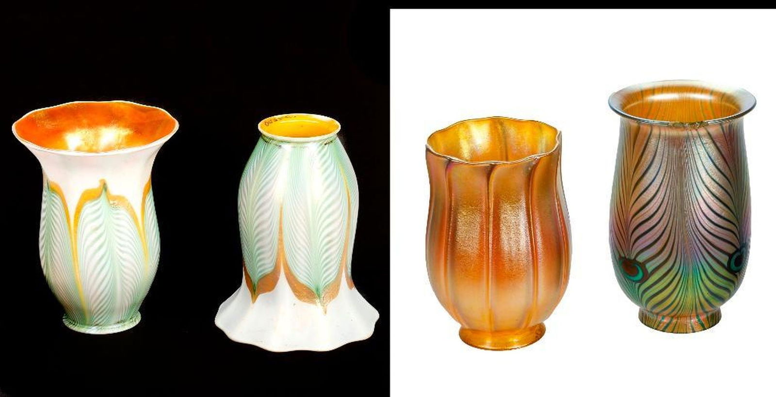 Three Quezal Glass Shades: Comprising a signed pair of green pull feather bell form shades with ruffle rims, reserved on an ivory opalescent ground, the interior with gilt iridescence, each acid etched "Quezal" in the fitter ri