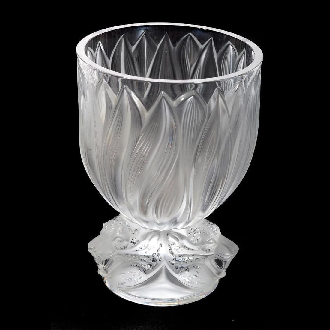Lalique France Three Jaguars Crystal Urn: Executed in clear and frosted glass, the bell shape bowl with a frosted leafy surround cushioned above three jaguar heads atop a circular base, engraved "Lalique France" on base, 11.25"h x 8"d. Overal