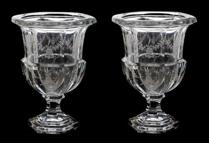 Large Pair Tiffany & Co Crystal Urn