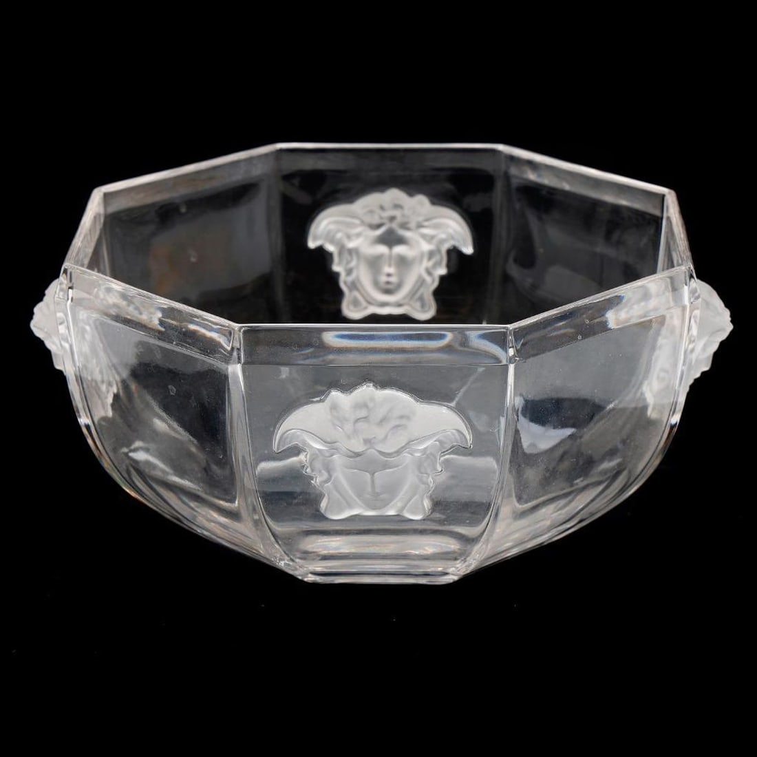 Rosenthal Versace Crystal Bowl: The octagonal form bowl with four classical Medusa busts in frosted glass raised relief, watermark "Rosenthal Versace", 3.5"h x 8"d. Overall good condition. Provenance: The Robert A. Unger Trust
