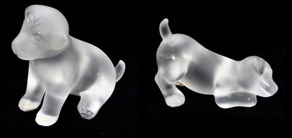 Two Lalique France Frosted Figures of Puppies