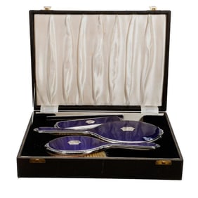 Art Deco Guilloche Enamel Sterling Dresser Set, Cased Set of 4