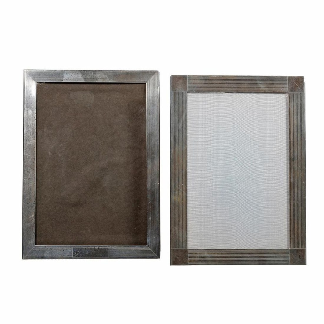 Two Art Deco Engine Turned Sterling Picture Frames: One by Tiffany & Co., the other by Gorham. Each of rectangular frames having an engine turned sterling surrounds (no initials on either), each fit a 4" x 6" photo with, overall of both 7"h x 5"w. Cond