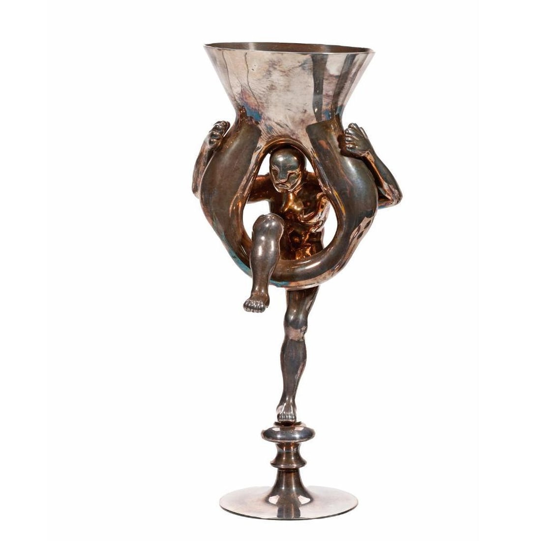 Bichieroga Pampaloni Figural Vase: Bichieroga Pampaloni, the vase cast with a figural standard in the form of of a nude mythological male, holding up a circular base to vase with a spreading aperture, marked on base 'Bichierogra/Pampal