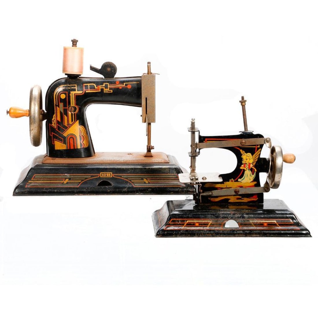 Two Casige Child's Sewing Machines: German, second quarter 20th century. Executed in pressed steel with a hand crank and fashioned in the Art Deco style with a decorative geometric design. Casige was a German toy maker producing miniatu