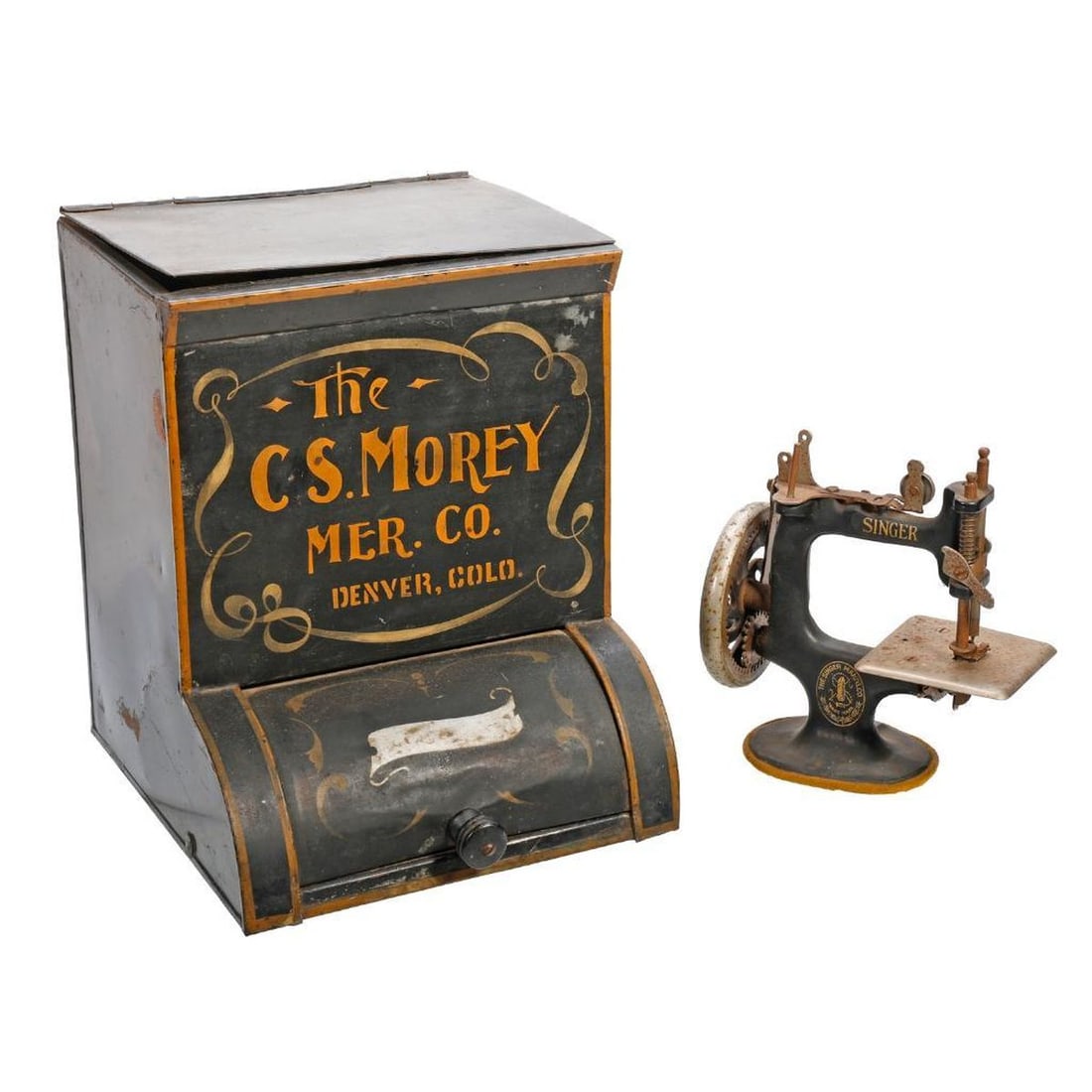 Miniature Singer Sewing Machine and Tole Retail Cabinet (1 of 2)