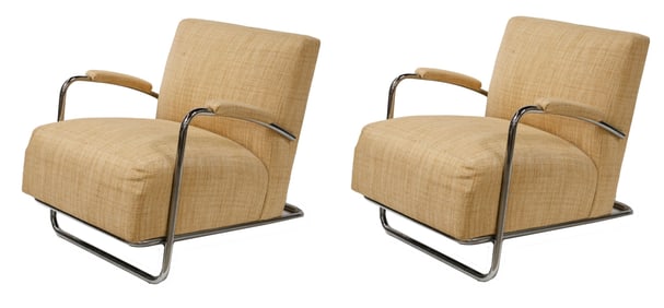 Pair Art Deco Louis Sognot Chrome Armchairs