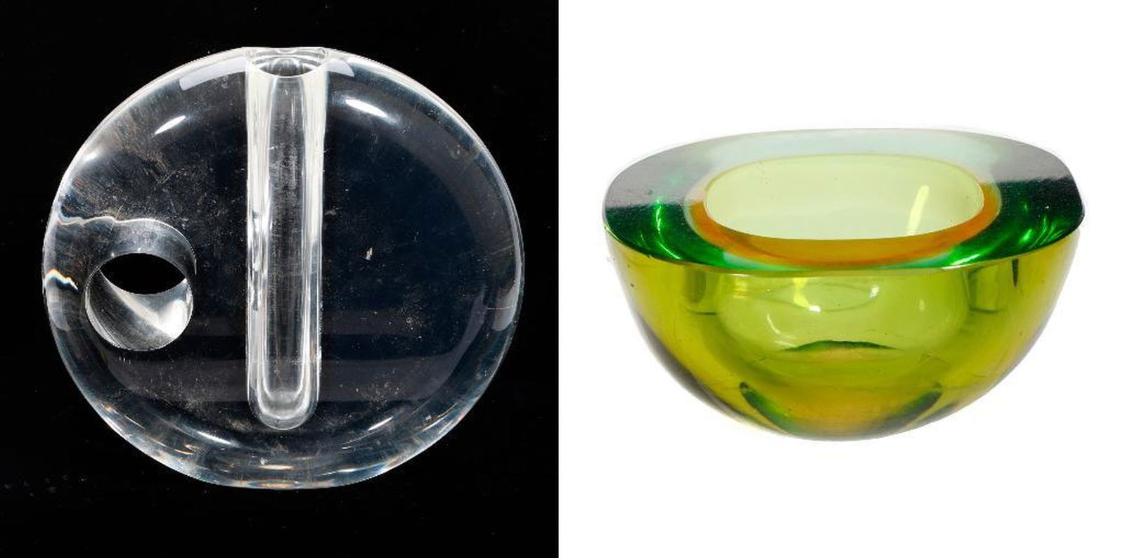 Lucite Bowl and Vase, Circa Mid-20th Century: A small green lucite bowl with a deep well, unmarked; 2" H x 4 1/4" x 4 1/8." Together with a circular clear lucite vase, unmarked; 6 3/4" x 7 1/4." Condition: both overall good, some scuffing. Proven