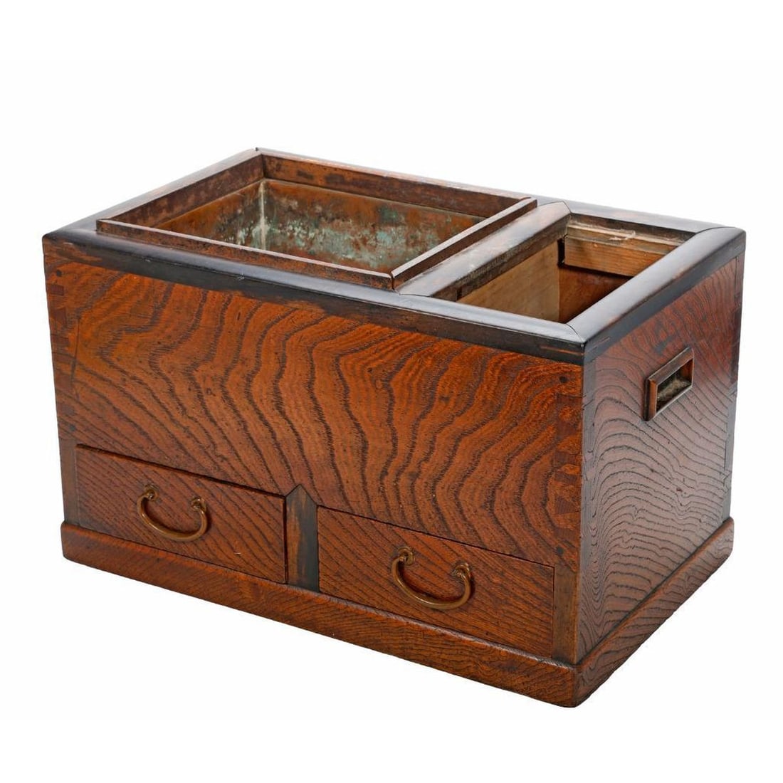 Small Japanese Elm Hibachi: The larger compartment with copper lining and fitted with an associated stone panel, over two side by side drawers fitted with copper bail handles, a pair of side pocket handles for carrying, 10.5"h x