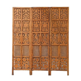 Moroccan Carved Wood Three Panel Screen
