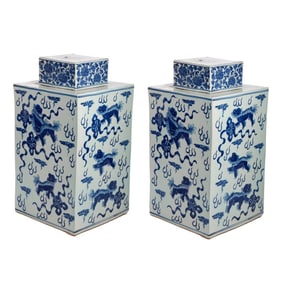 Large Pair Chinese Blue & White Porcelain Jars