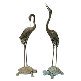 Pair Japanese Bronze Figures of Cranes on Tortoises