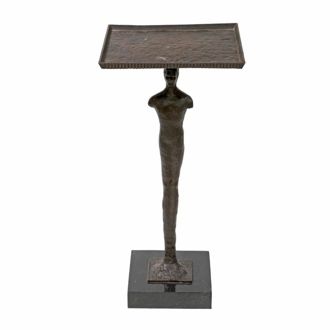 Modern Giacometti Style Figural Stand or Dumbwaiter: The shallow hand wrought tray top rising on a cast iron base in form of an armless androgynous nude figure, fashioned in the manner of Alberto Giacometti, atop a black marble plinth base, 26.75"h x 12
