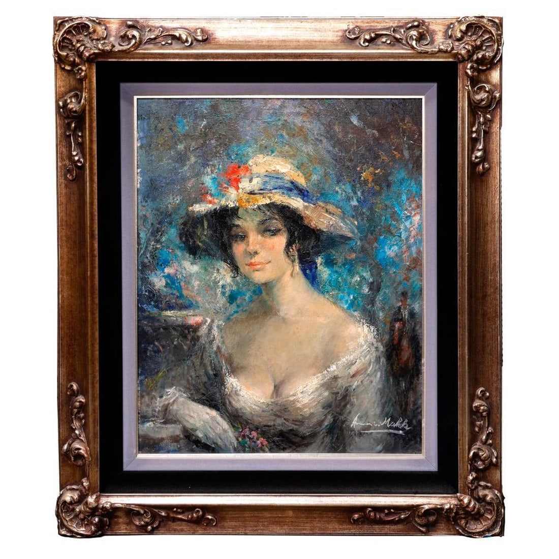Americo Makk (1927-2015): Artist: Americo Makk (1927-2015). Title: "Blue Ribbon." Signature: Signed lower right, and verso. Medium: Oil on canvas. Size: 24" x 30"; frame 43" x 37." Condition good. Provenance: The Estate of Don