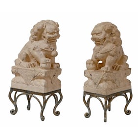 Pair Chinese Figures Fu Lions on Stands