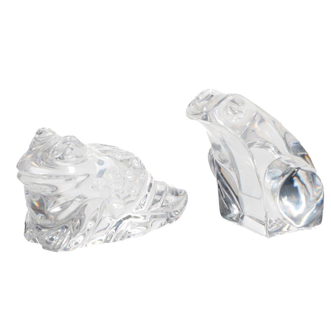 Three Contemporary Art Glass Figures of Frogs: The first stylized clear glass amphibian of square form signed "Orrefors GC 4867-17", 3.5"h x 3.5"w x 1.5"d The second in clear glass by Waterford with a watermark on base, 2.5"h x 4.25"w x 2"d. The t