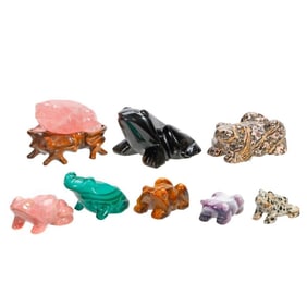Group of Eight Small Carved Hardstone Frogs