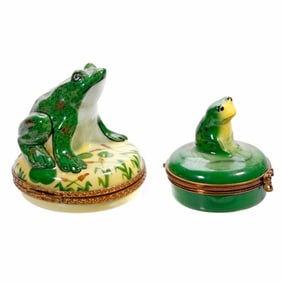 Two Limoges Green Frog Trinket Boxes