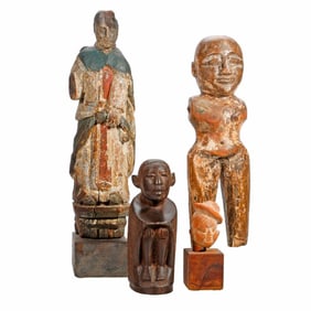 Three Carved Wood Figures, and a Ceramic Head