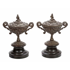 Pair Aesthetic Movement Metal Covered Urns