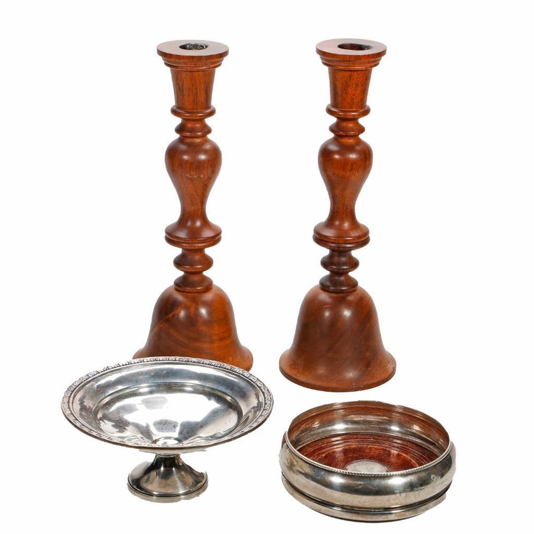 Lot Sterling or Turned Wood Articles: Comprising an English Broadway and Co, sterling mounted turned wood coaster, Birmingham, circa 1902, 2"h x 5"d; a Mueck-Carey Co. sterling weighted compote with a shell rim border, stamped on base #60