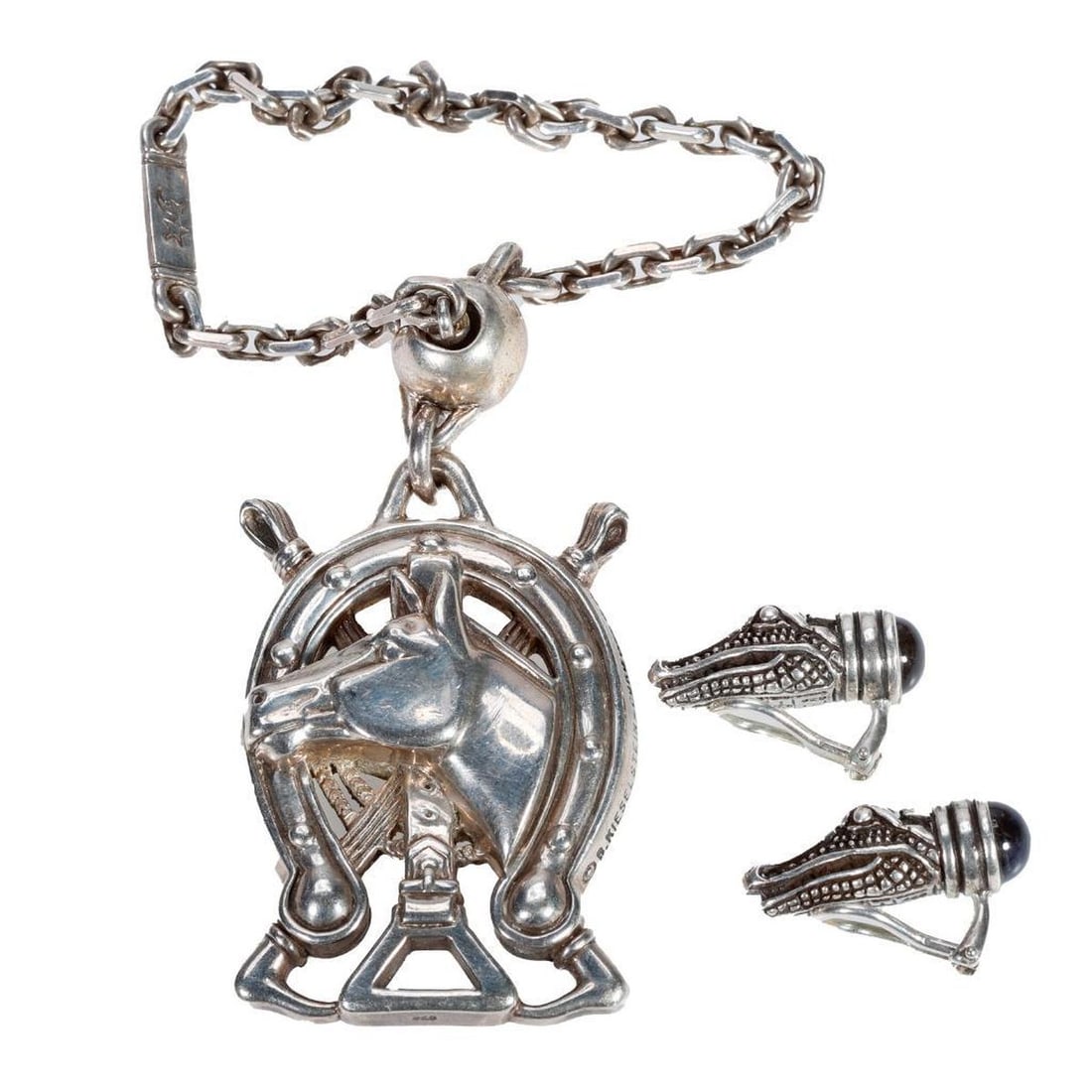 Kieselstein-Cord sterling silver jewelry, circa 1990's: comprising a key chain and a pair of alligator motif clip earrings with onyx; gross weighing 84.73 grams