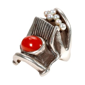 Peter Broome, coral, cultured pearl and silver ring
