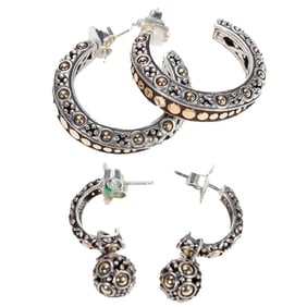 John Hardy, two pairs of sterling & 18k gold earrings