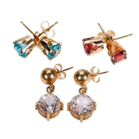 Three pairs of gem-set and 14k gold earrings