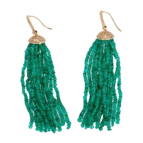 A pair of emerald, diamond, 14k gold tassel earrings