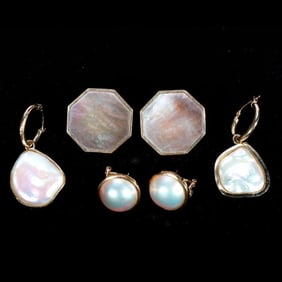Three pairs of cultured pearl and 14k gold earrings