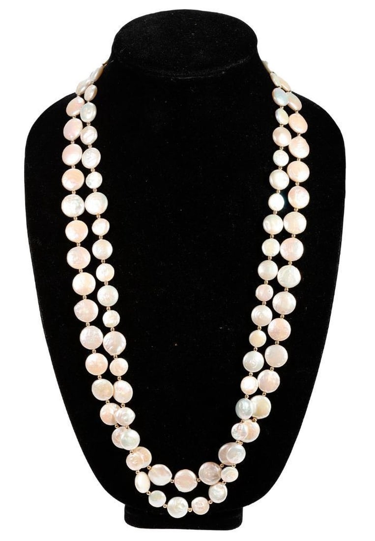 Three disk cultured pearl and gold necklaces: black and white pearls; gross weight 190.75 grams; lengths: 28 - 31 in. (black pearls not tested for origin of color)