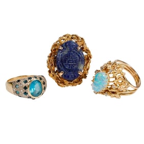 Three gem-set and 14k gold rings