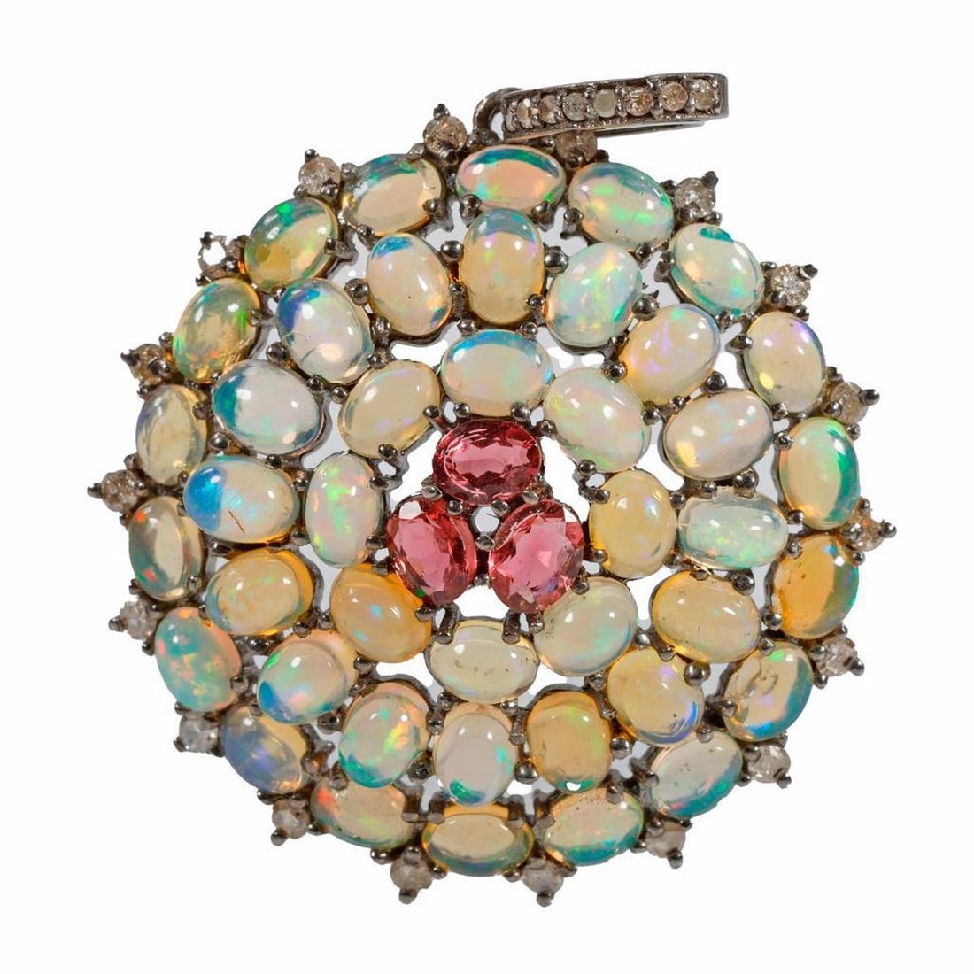An opal, pink tourmaline , diamond & silver pendant (1 of 2)