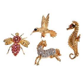 Four gem-set and 14k gold animal brooches