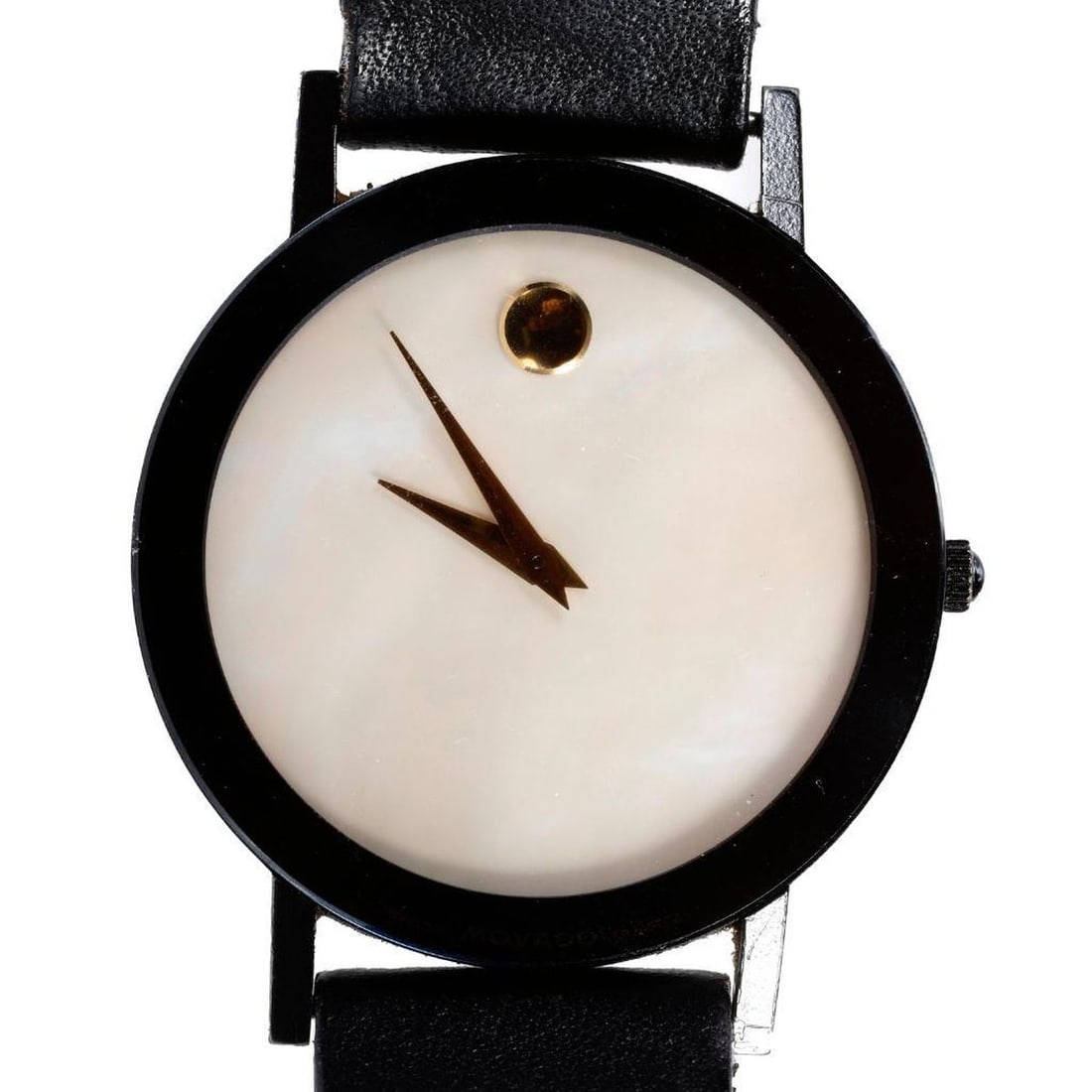 Vintage Movado Museum Wristwatch: quartz; mother-of-pearl dial, with original leather strap; ref #87-40-882N 309280; diameter: 32mm