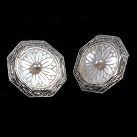 Pair of pearl and platinum-topped 14k gold earrings