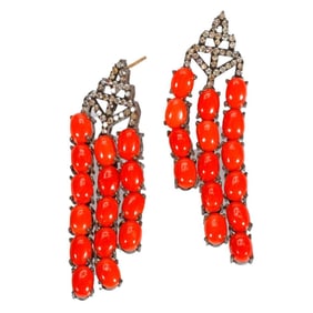 Pair of coral, diamond, blackened silver & gold earrings