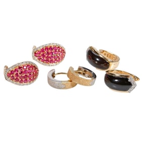 Three pairs of gem-set and 14k gold earrings