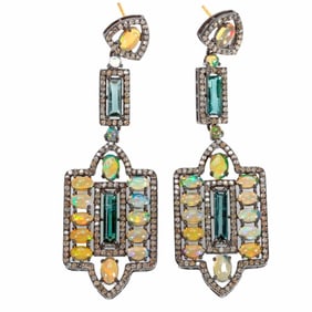 A pair of gem-set, silver and gold earrings