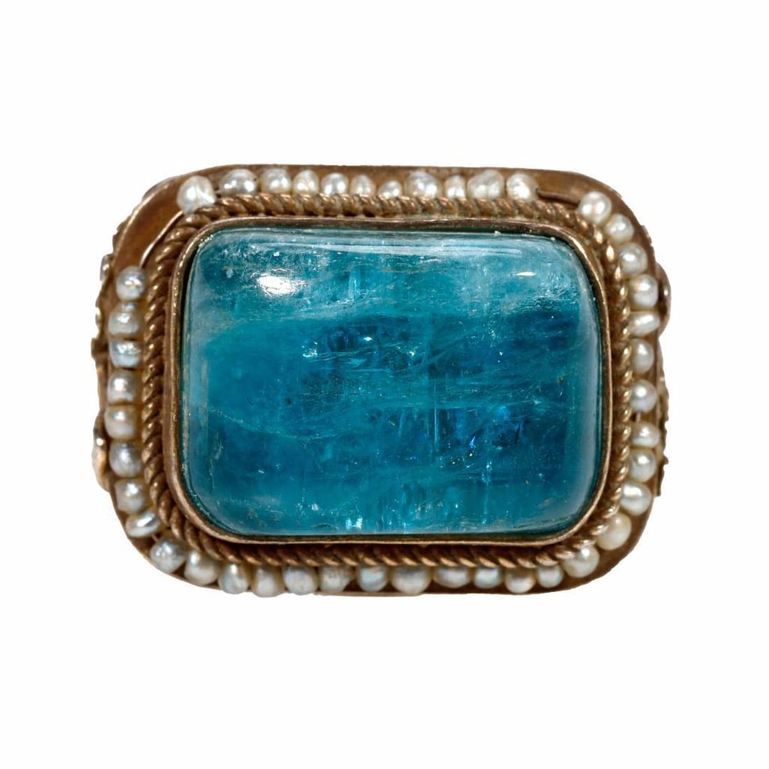 An aquamarine, seed pearl and silver ring (1 of 3)
