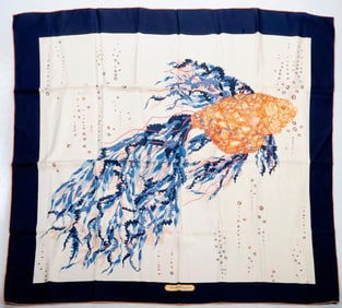 Two Ferragamo Silk Scarves, Koi Fish/Animal Grid