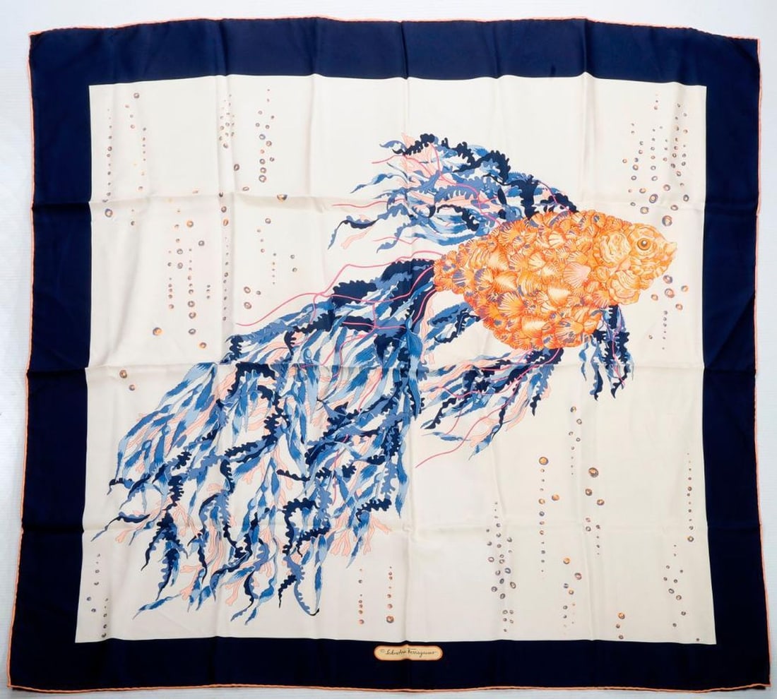 Two Ferragamo Silk Scarves, Koi Fish/Animal Grid (1 of 5)