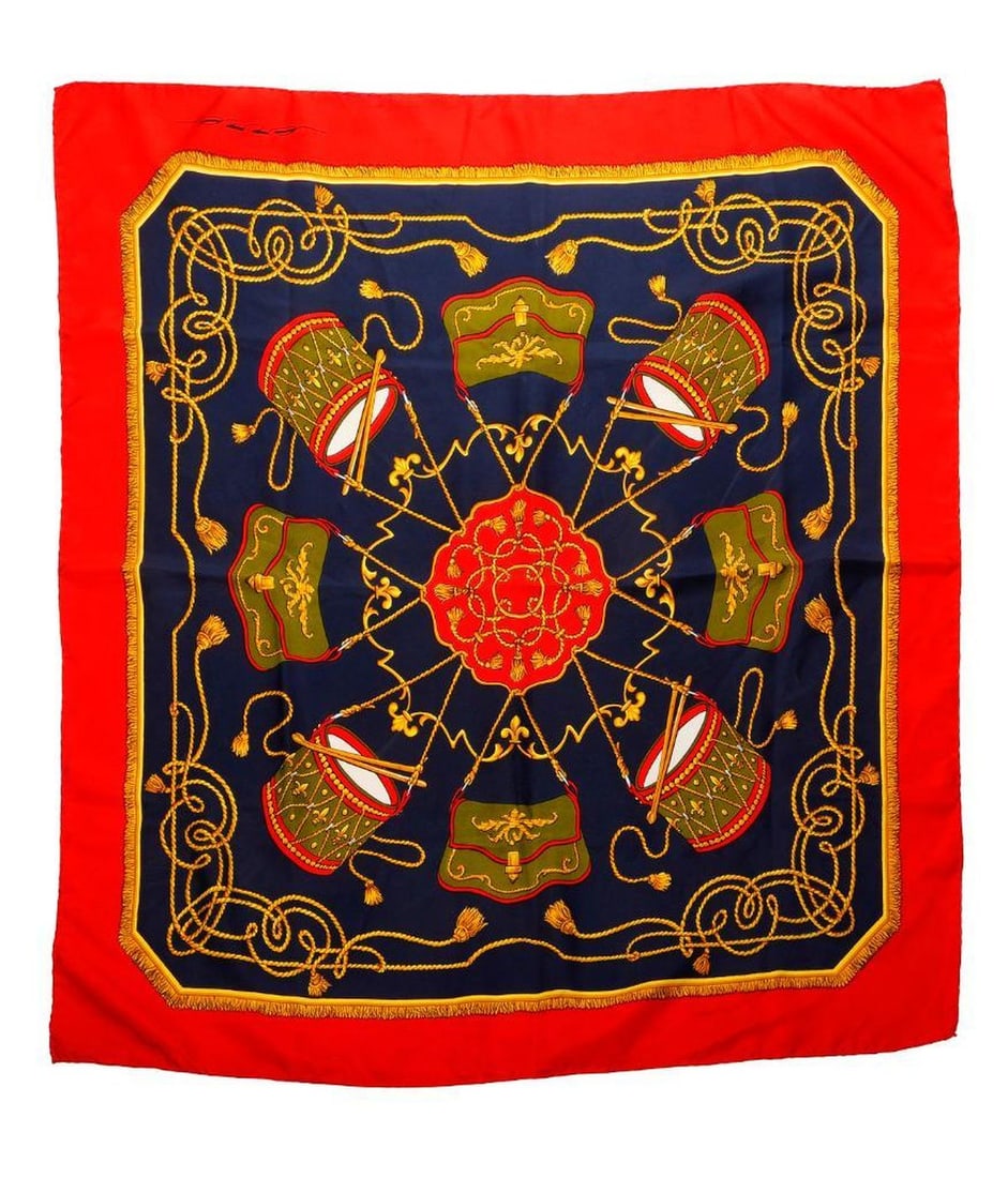 Erre Italian Silk Scarf: A vintage Italian silk scarf by Erre, drums on navy blue ground, red border. Approx. 30" square. Excellent vintage condition.